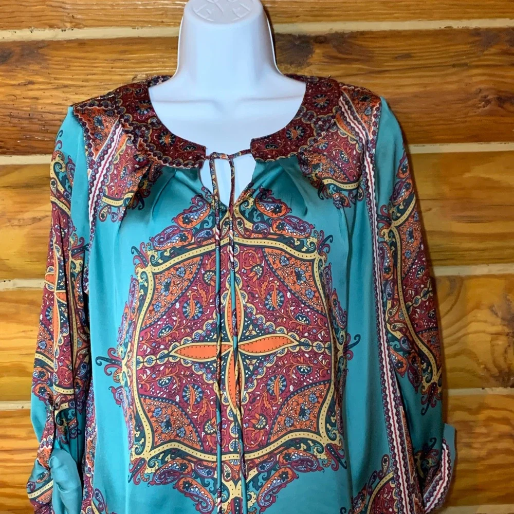 NY Collection Bohemian Boho Satin Blouse Shirt Medium - Picture 3 of 9